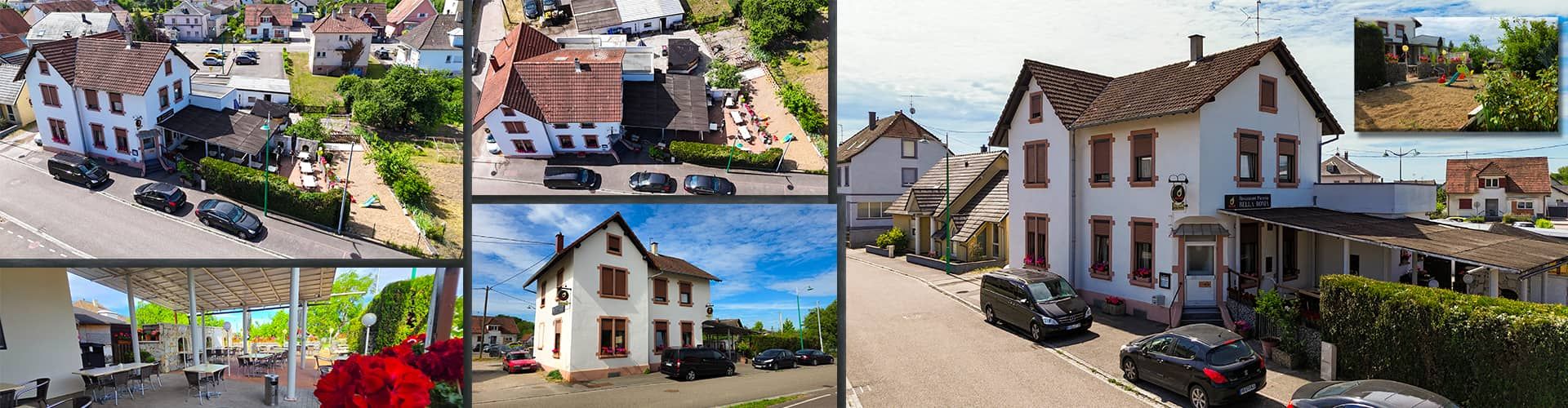 Montage photo panoramique du restaurant pizzeria Bella Roma à Seltz, avec vues aériennes par drone et photos de la terrasse.